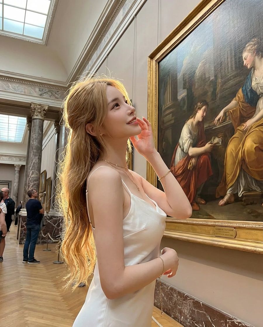 Young Woman in Art Museum at Golden Hour, Standing Before Classical — Nano Banana Pro image prompt example