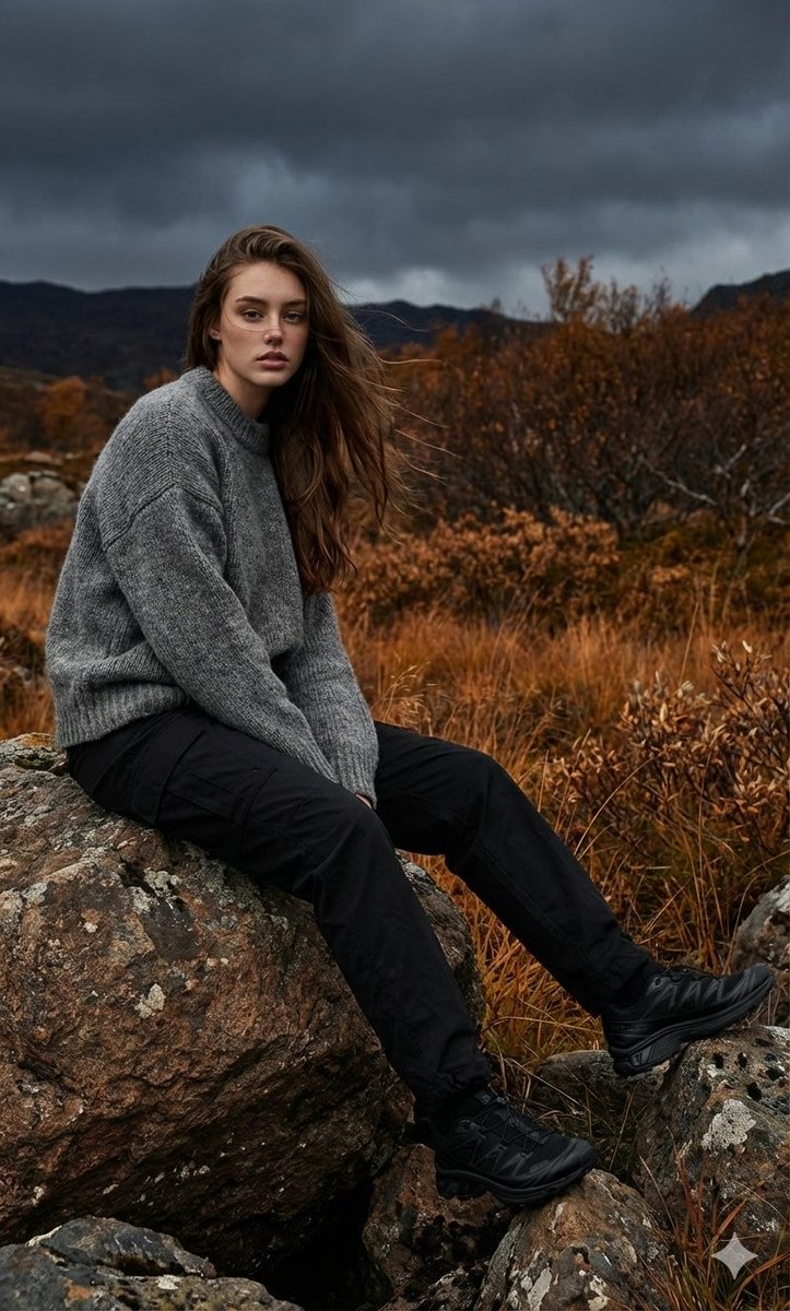 Model Sits on a Rock with Her Legs Stretched to the Side, Against — Nano Banana Pro image prompt example
