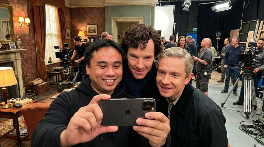Man in the Reference Image Takes a Selfie with His Iphone — Nano Banana Pro image prompt example