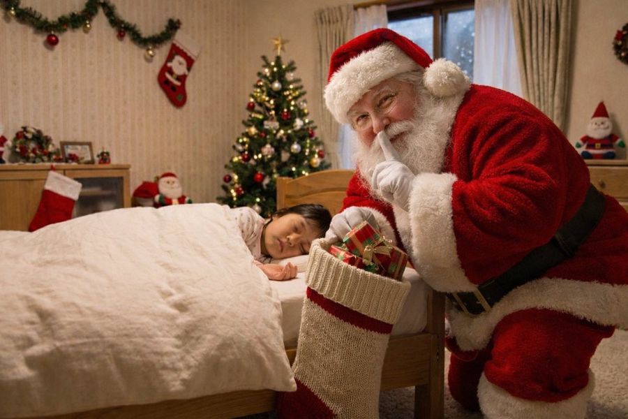 Please Add a Real, Fat Santa Claus from Greenland Who Is Putting — Nano Banana Pro image prompt example