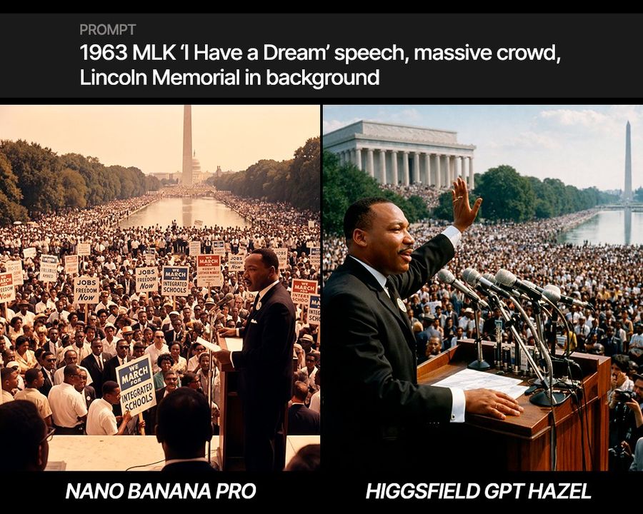 1963 MLK ‘I Have a Dream’ Speech, Massive Crowd, Lincoln Memorial — Nano Banana Pro image prompt example