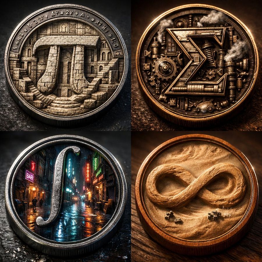 2x2 Grid of 4 Monumental Mathematical Symbols Built as 3D Micro-world — Nano Banana Pro image prompt example