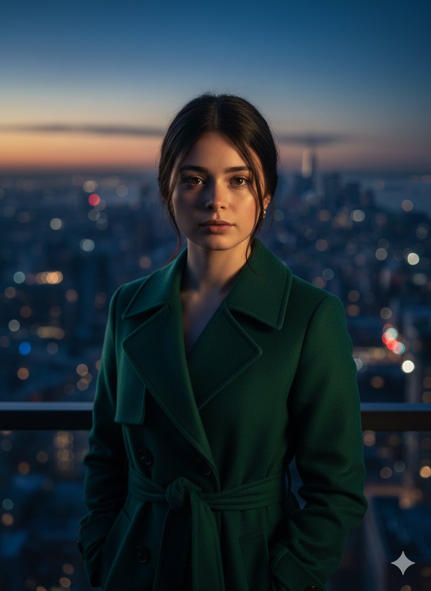 High-resolution Cinematic Portrait of a Young Woman with Dark Hair — Nano Banana Pro image prompt example