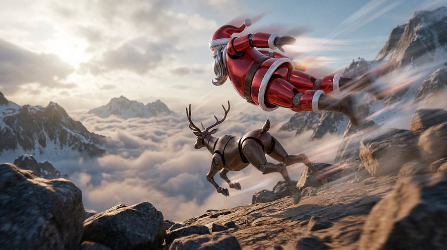 Dogfight Between Two Slim Robots (a Red Metallic Santa and a Brown — Nano Banana Pro image prompt example
