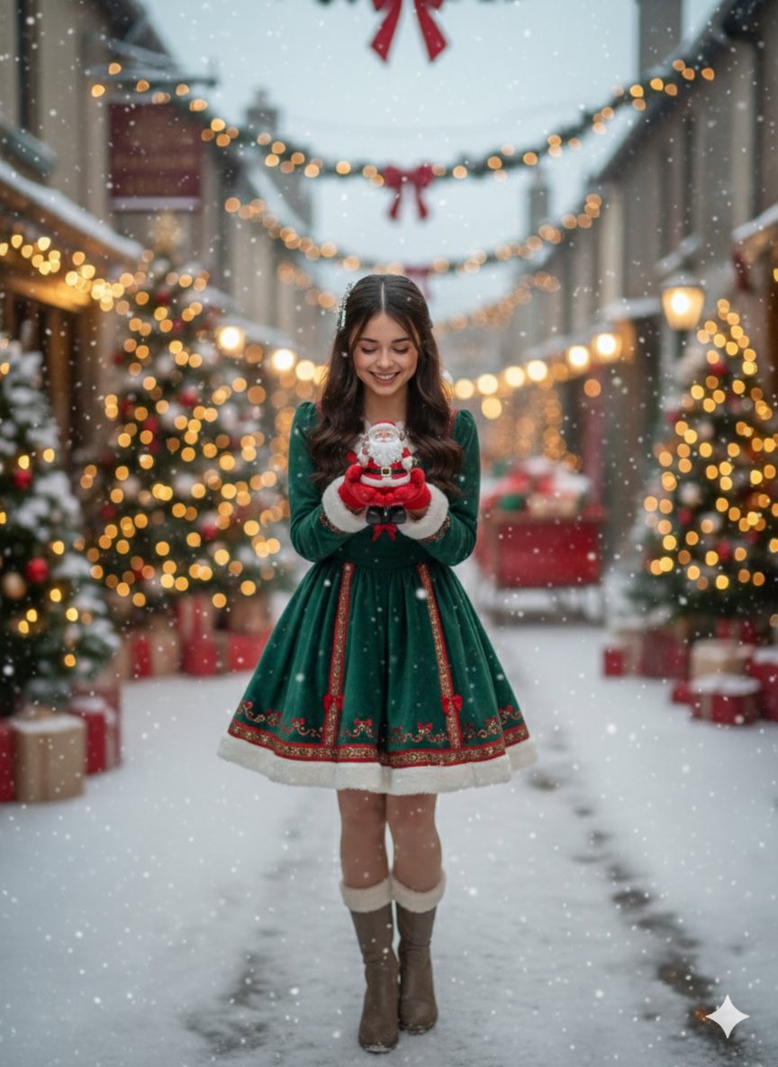 Holding a Small Santa Figurine, Looking Enchanted — Nano Banana Pro image prompt example