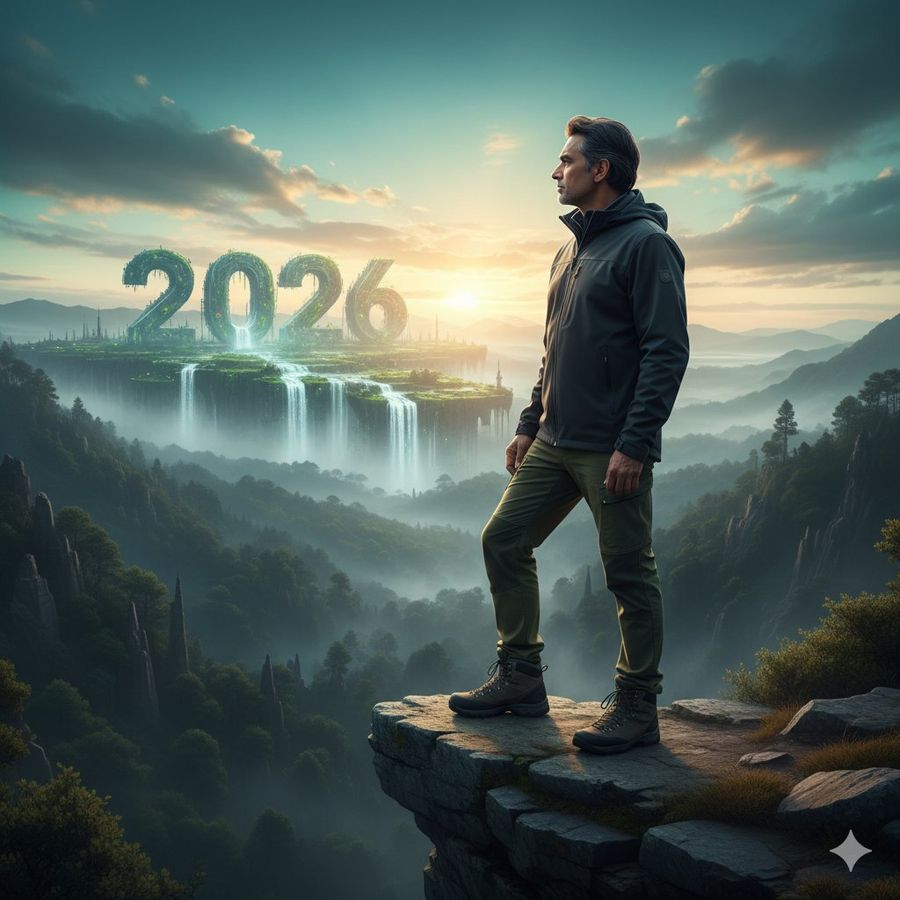 Middle-aged South Asian Man Standing Confidently on a Cliff Edge — Nano Banana Pro image prompt example