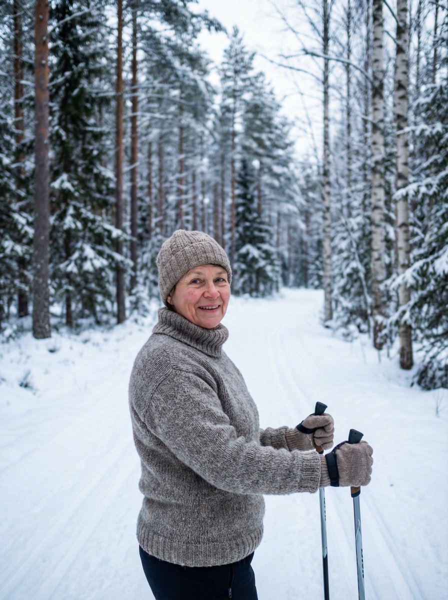 Middle-aged Finnish Woman in Winter Forest — Nano Banana Pro image prompt example