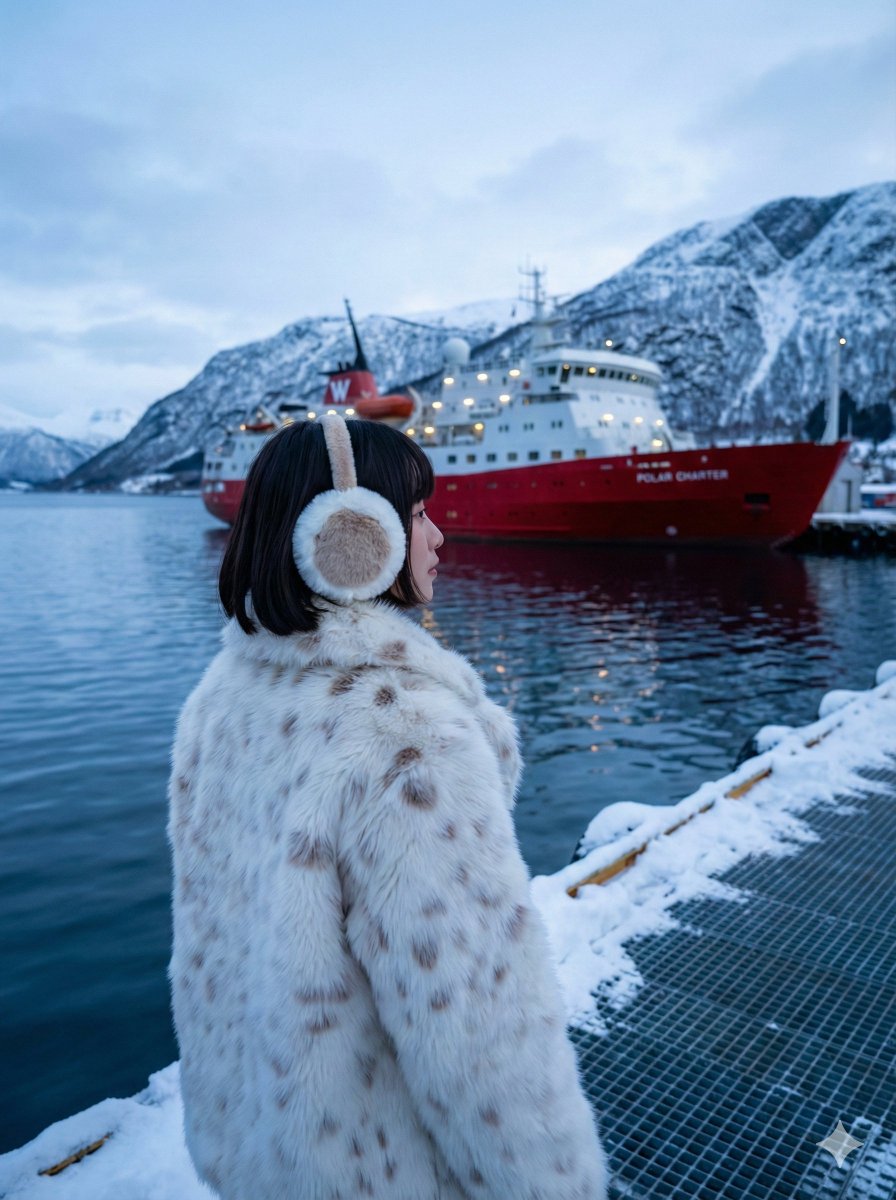 Young Woman, Rear View, Looking at Ship — Nano Banana Pro image prompt example