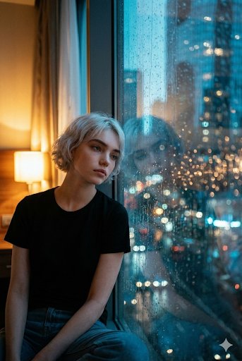 Young Woman Stares Out a Rain-streaked Window, City Lights Refracting — Nano Banana Pro image prompt example