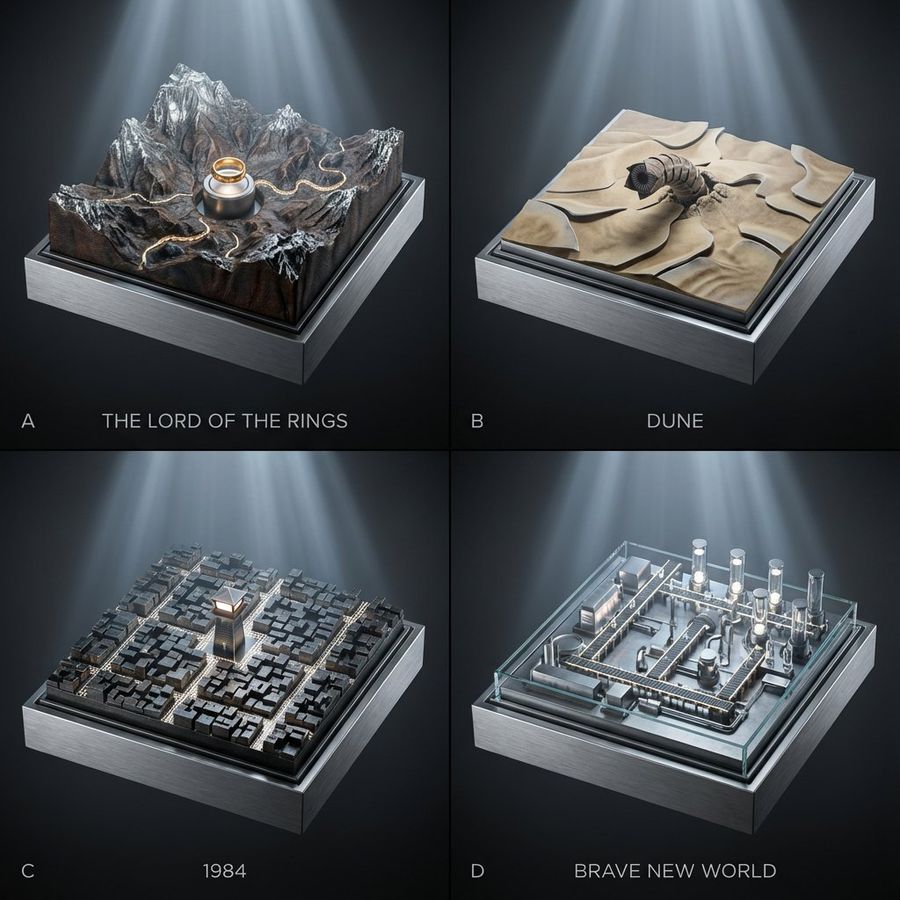 2x2 Grid; Each Panel Is a Classic Book Turned Into a Topographic — Nano Banana Pro image prompt example