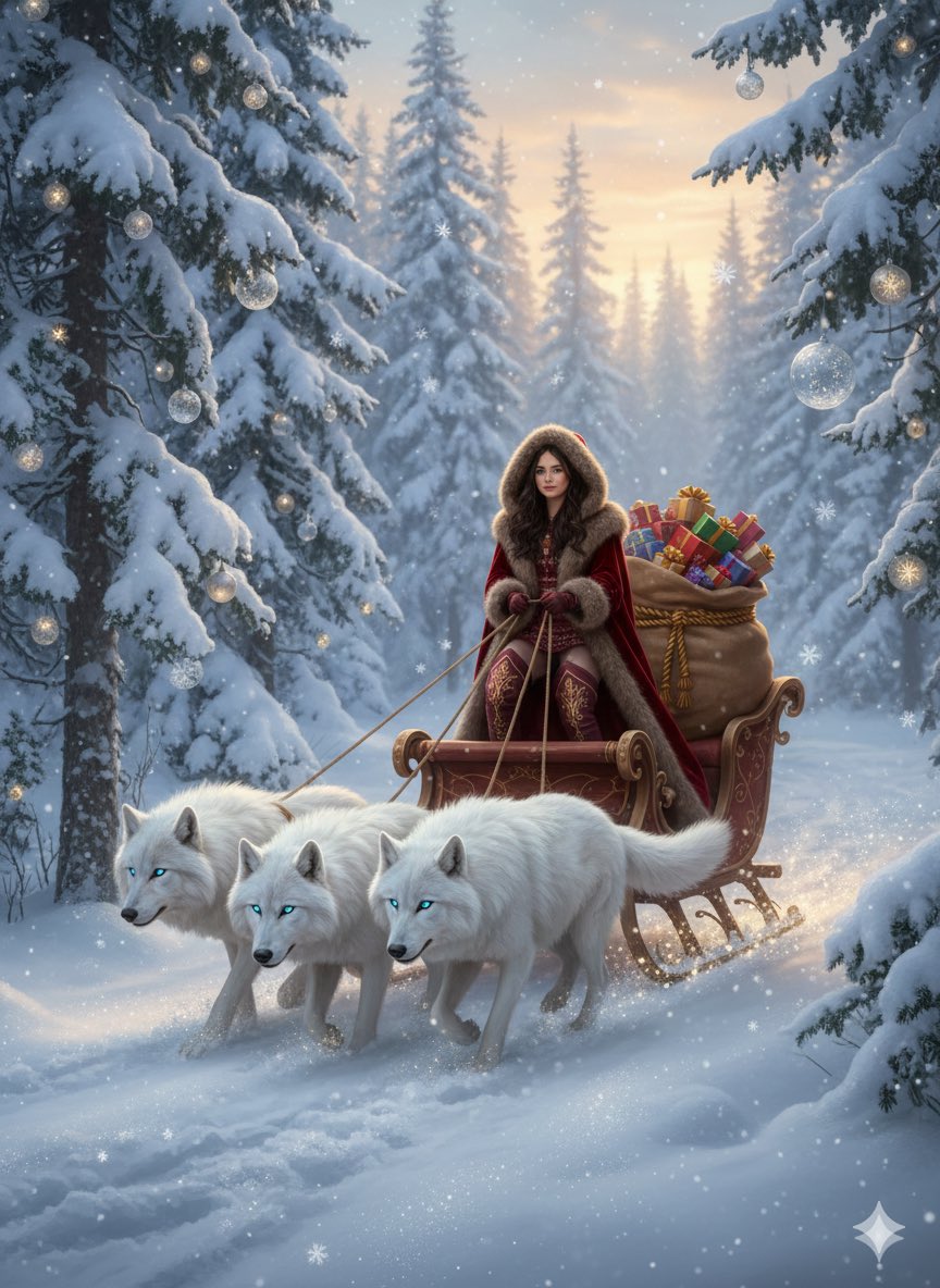 Female Riding a Sleigh Pulled by Wolves — Nano Banana Pro image prompt example
