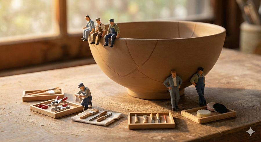 Tiny [WORKERS] Sitting, Resting, or Packing Up Beside a Perfectly — Nano Banana Pro image prompt example