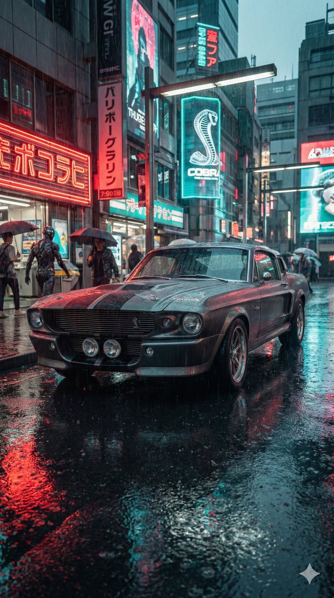 Classic Muscle Car Parked on a Wet Road — Nano Banana Pro image prompt example