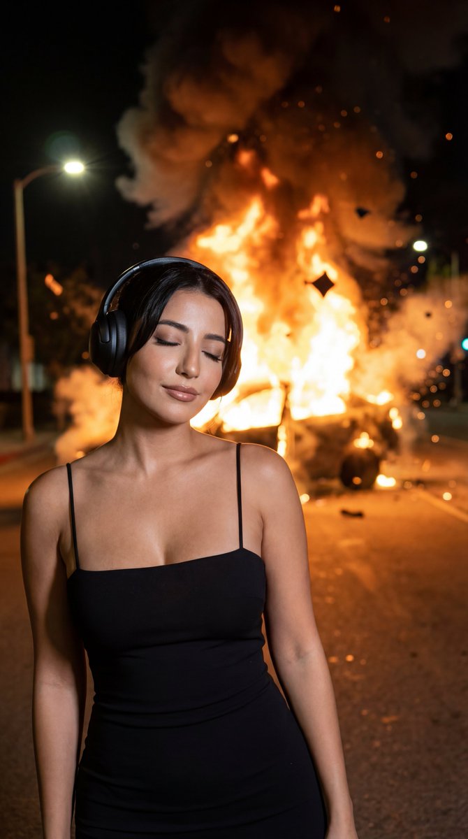 Subject Centered Foreground; Explosion Behind Her Offset to One Side; — Nano Banana Pro image prompt example