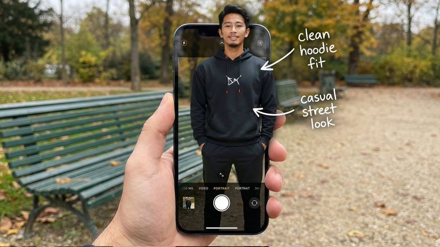 OOTD Breakdown / Smartphone Pop-out Illusion (Outdoor Park) — Nano Banana Pro image prompt example