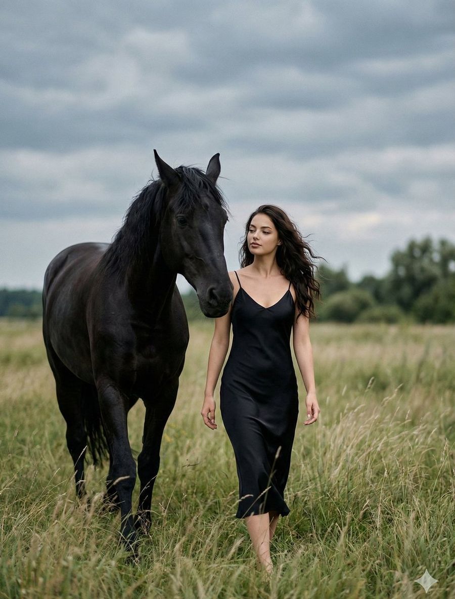 Young Woman Walking Beside a Large Black Horse — Nano Banana Pro image prompt example