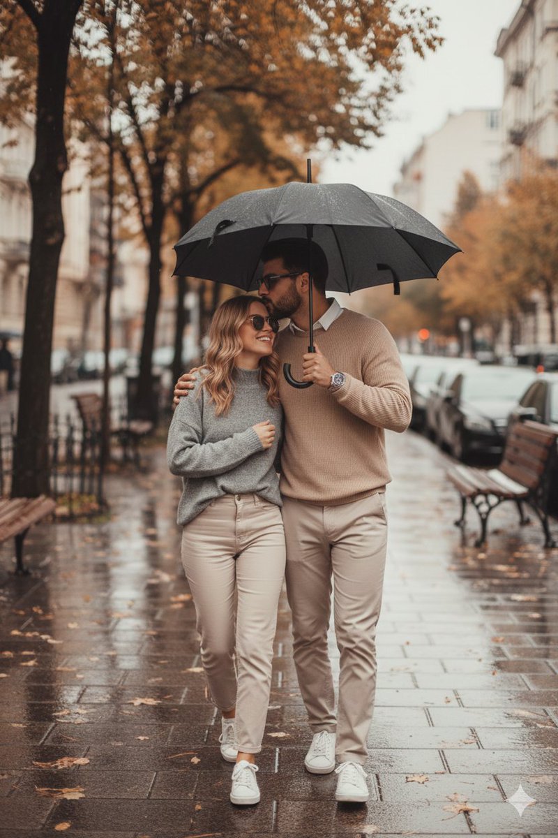 Young Couple Walking Arm in Arm Under a Black Umbrella, the Man — Nano Banana Pro image prompt example