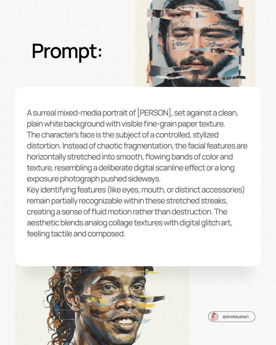 Surreal Mixed-media Portrait of [PERSON], Set Against a Clean, Plain — Nano Banana Pro image prompt example