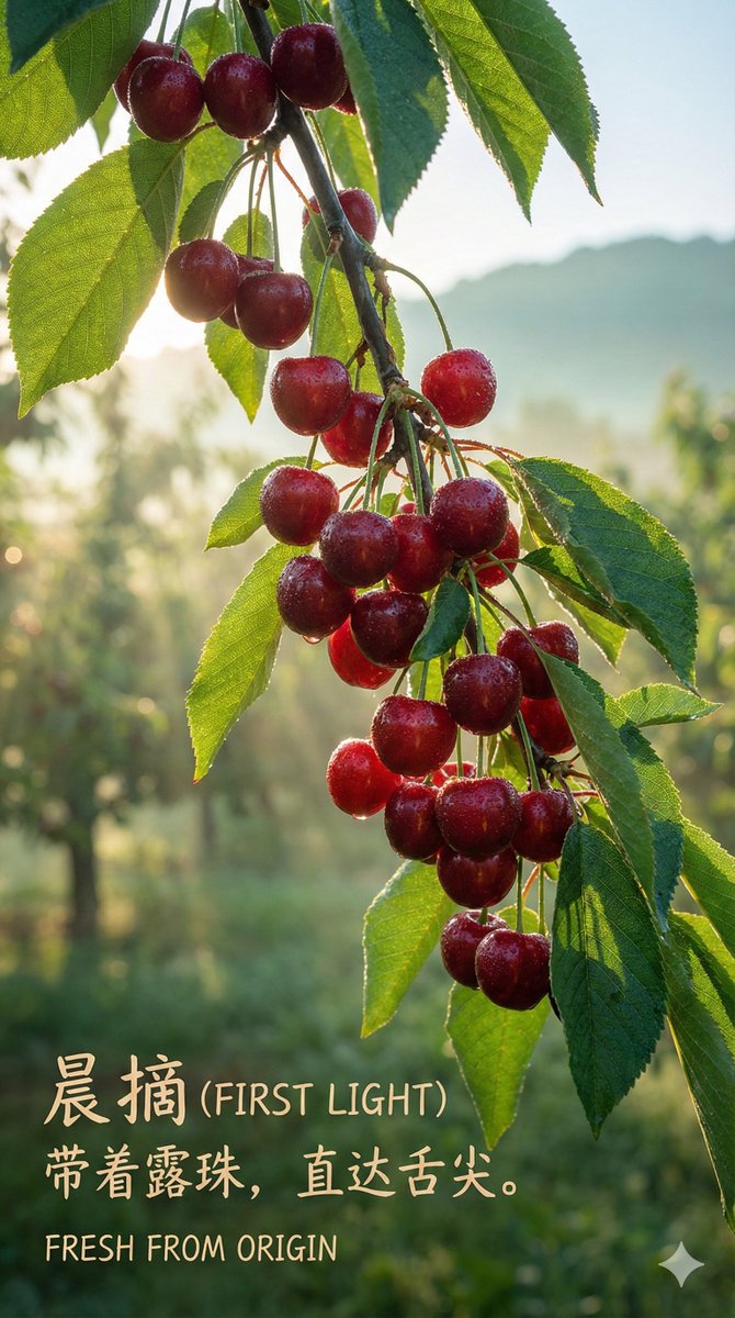 Two Top-grade Cherries, Deep Red, Almost Black, Close Together — Nano Banana Pro image prompt example