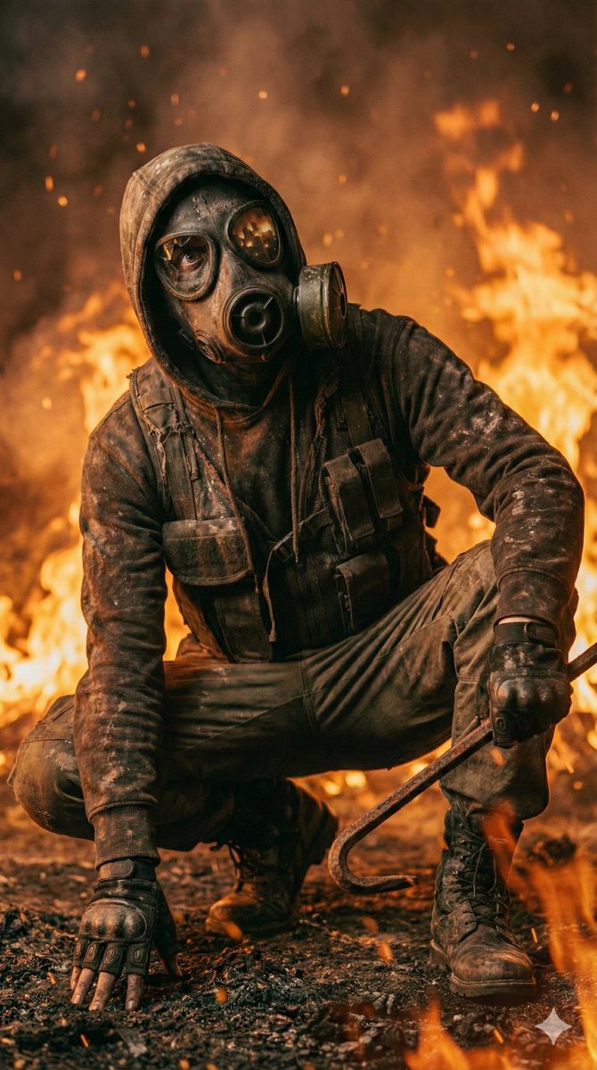 Masked Survivor Wearing a Gas Mask and Tactical Clothing — Nano Banana Pro image prompt example