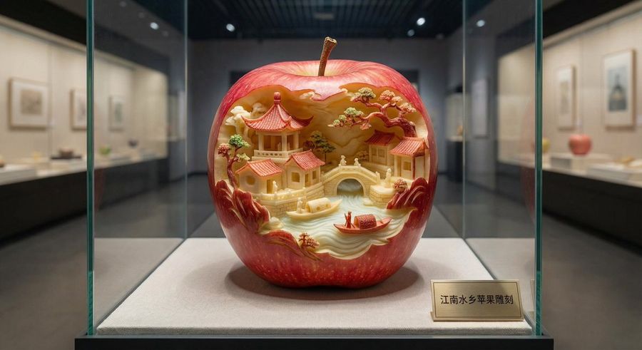 Apple, Carved Into Exquisite Pavilions, Bridges, and Flowing Water — Nano Banana Pro image prompt example