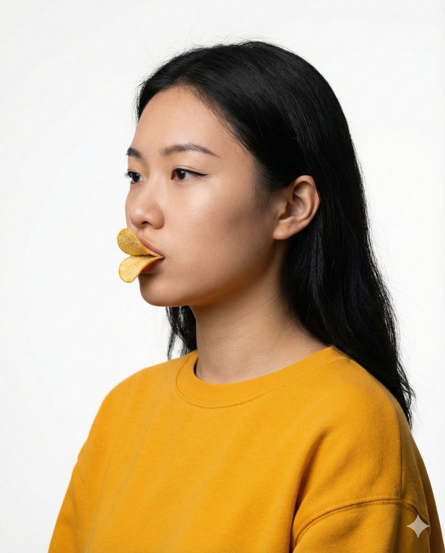 Two Pringles Chips Placed on the Lips to Mimic Exaggerated Duck Lips — Nano Banana Pro image prompt example