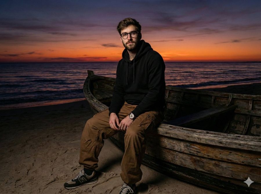 Man in the Uploaded Image Sitting on an Old, Weathered Boat Stranded — Nano Banana Pro image prompt example