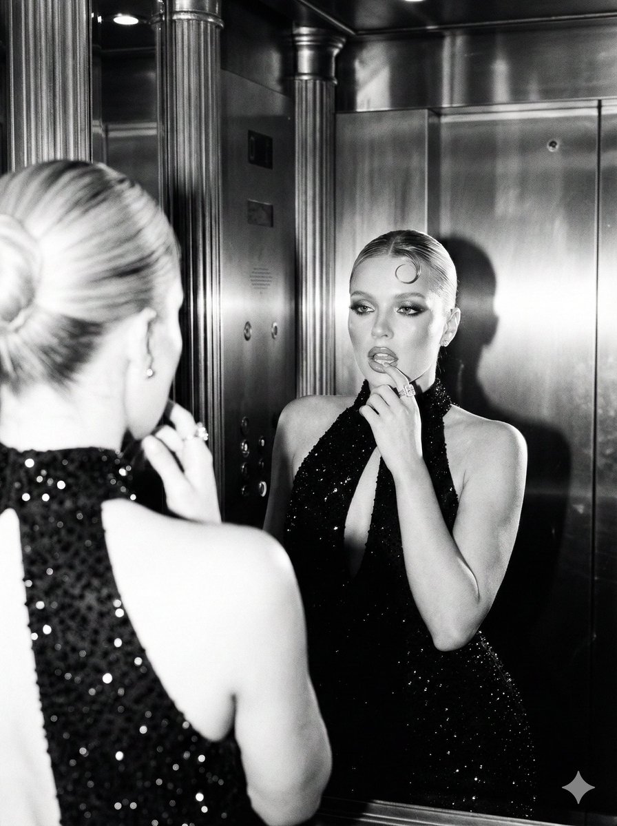 Subject's Back in Foreground, Face Visible in the Mirror Reflection — Nano Banana Pro image prompt example