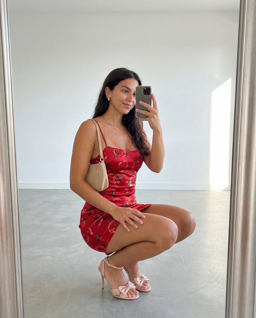 Squatting in a Mirror-selfie Pose, Knees Bent, One Hand Resting — Nano Banana Pro image prompt example