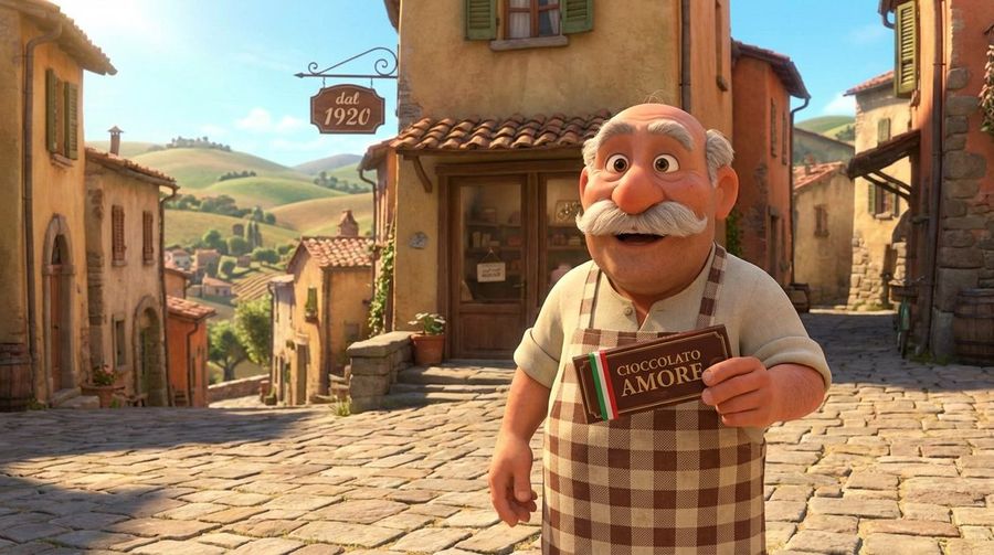 Middle-aged Italian Man Standing in Front of His Chocolate Shop — Nano Banana Pro image prompt example