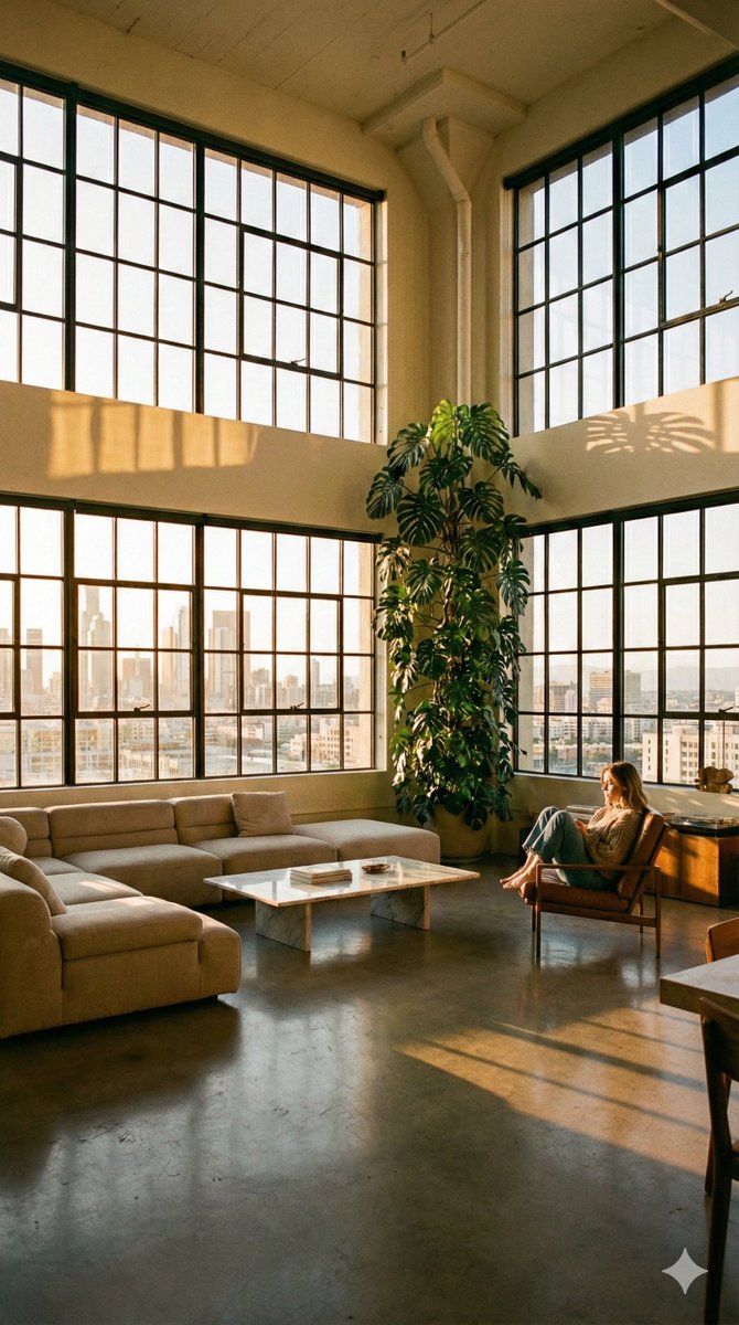 Sunlit Modern Loft Interior with Expansive Industrial Windows — Nano Banana Pro image prompt example