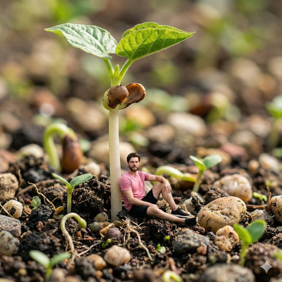 Tiny Man Sitting and Leaning Against a Tall Young Bean Sprout — Nano Banana Pro image prompt example