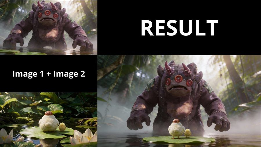 3d Animated Scene Of Chicks And A Monster On Lily Pads — Nano Banana Pro image prompt example