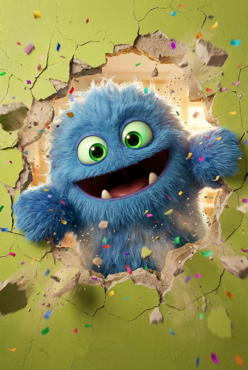 3d Fluffy Monster Bursting Through Wall — Nano Banana Pro image prompt example