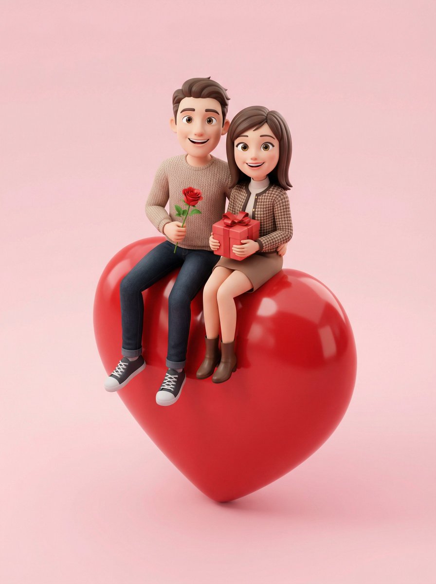 3d Render Of Couple On Giant Heart — Nano Banana Pro image prompt example
