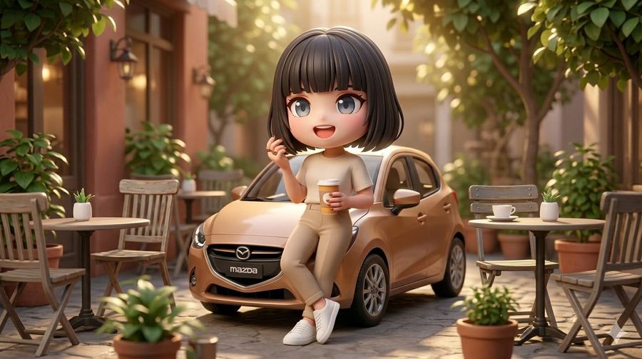 3d Stylized Woman Mazda Hatchback — Nano Banana Pro image prompt example