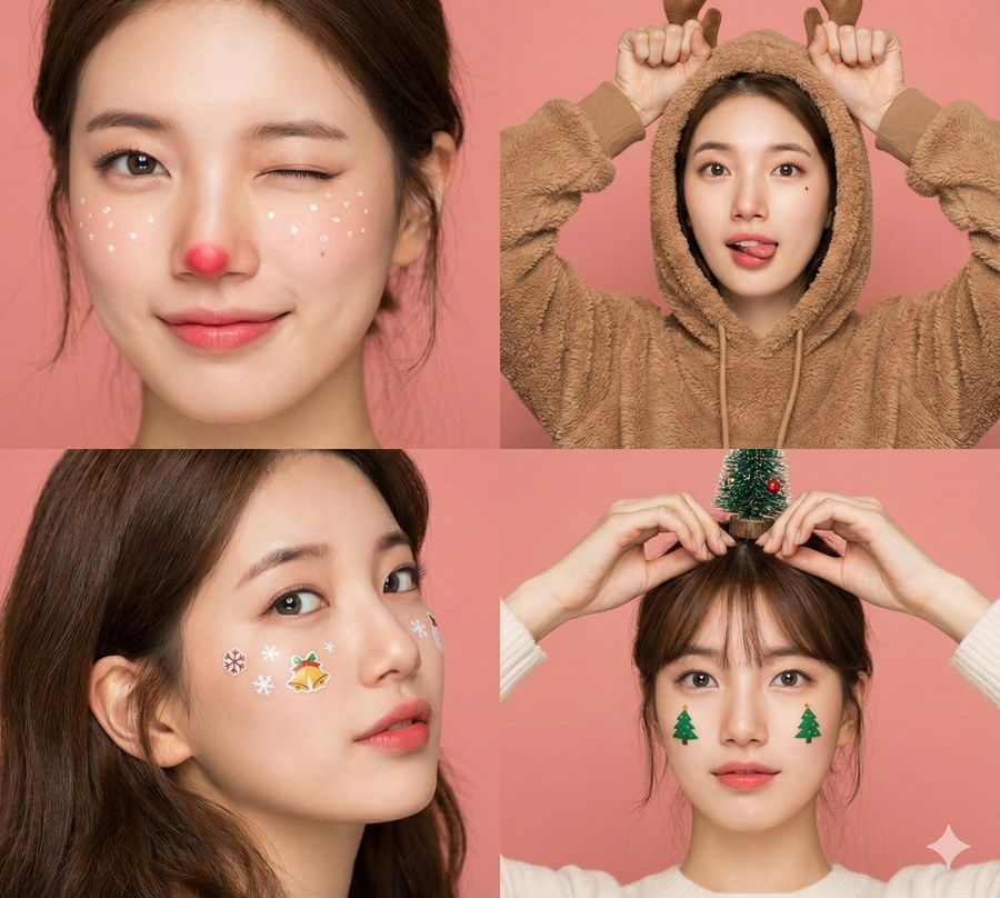4 Panel Christmas Beauty Blogger Portrait In Peach Background — Nano Banana Pro image prompt example