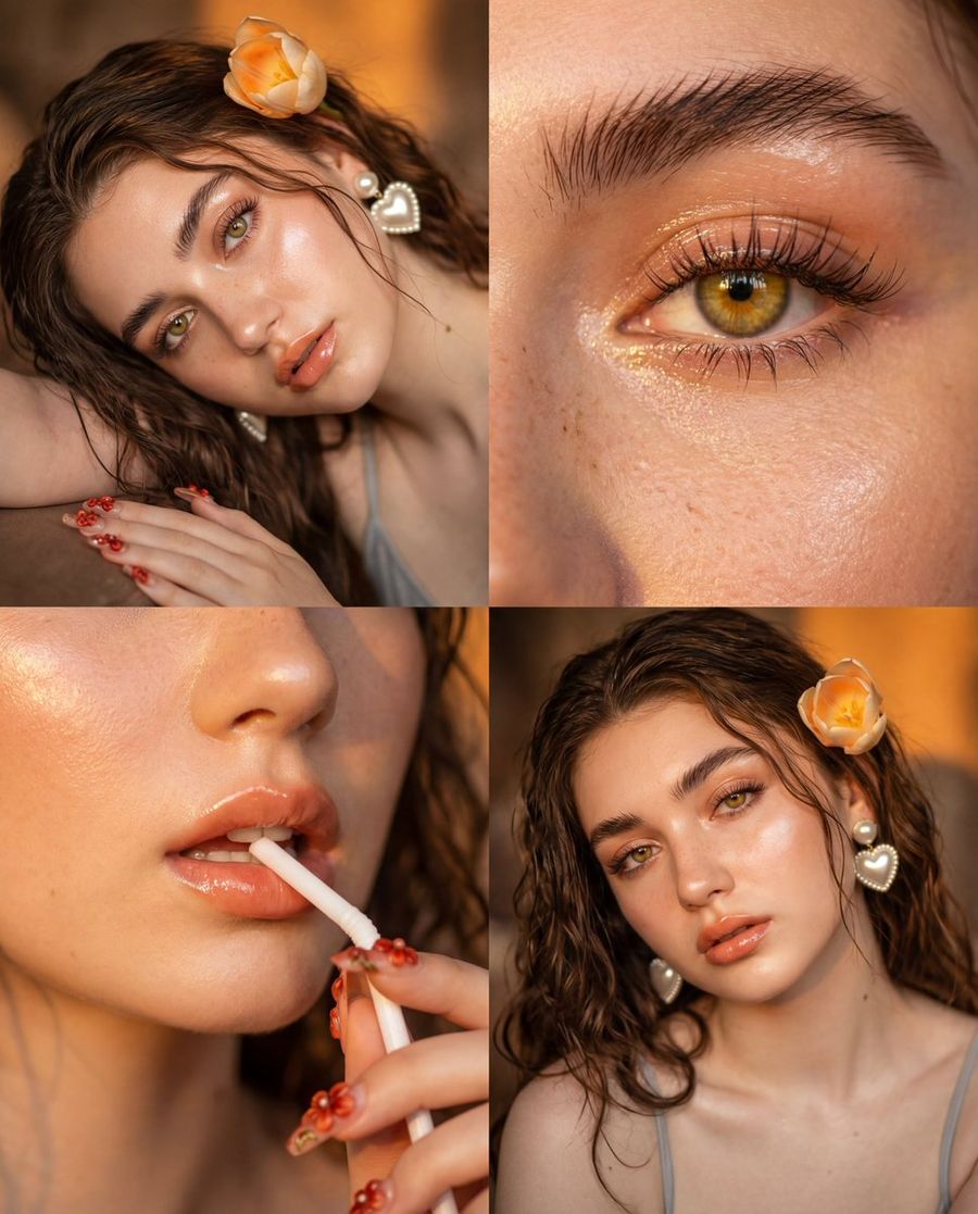 4 Panel Vintage Film Portrait Grid With Glass Skin — Nano Banana Pro image prompt example