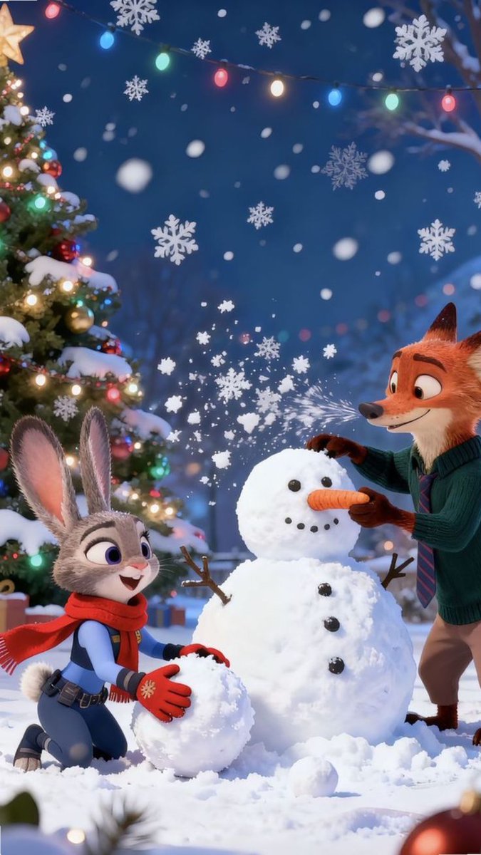 Animated Rabbit and Fox Building a Snowman (Zootopia Style) — Nano Banana Pro image prompt example
