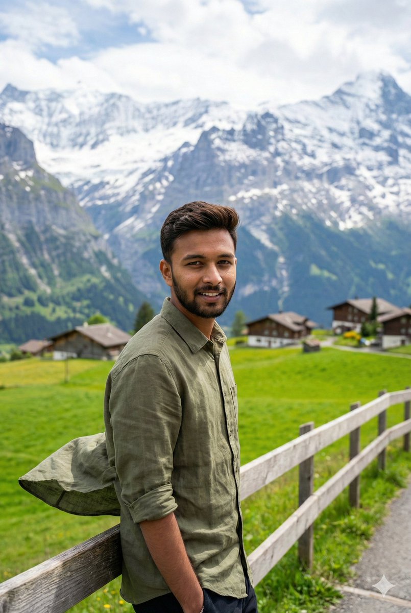 Half-body Shot on a Mountain Trail Above Grindelwald, Man Resting — Nano Banana Pro image prompt example
