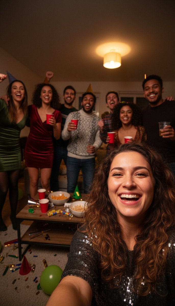 Group Selfie of Friends Celebrating New Year’S Eve, Realistic — Nano Banana Pro image prompt example
