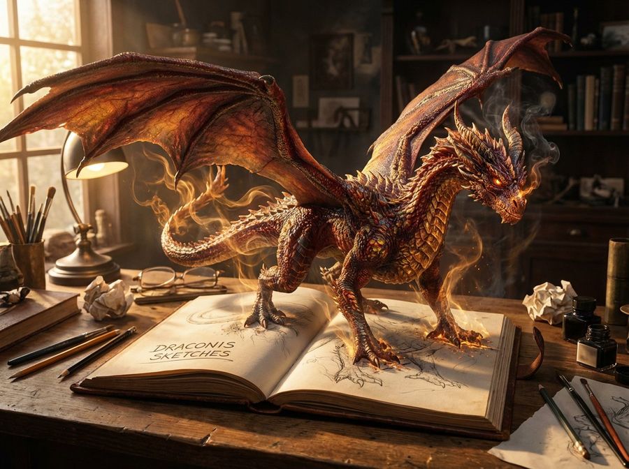 Open Vintage Leather-bound Sketchbook Lying on a Cluttered Artist's — Nano Banana Pro image prompt example