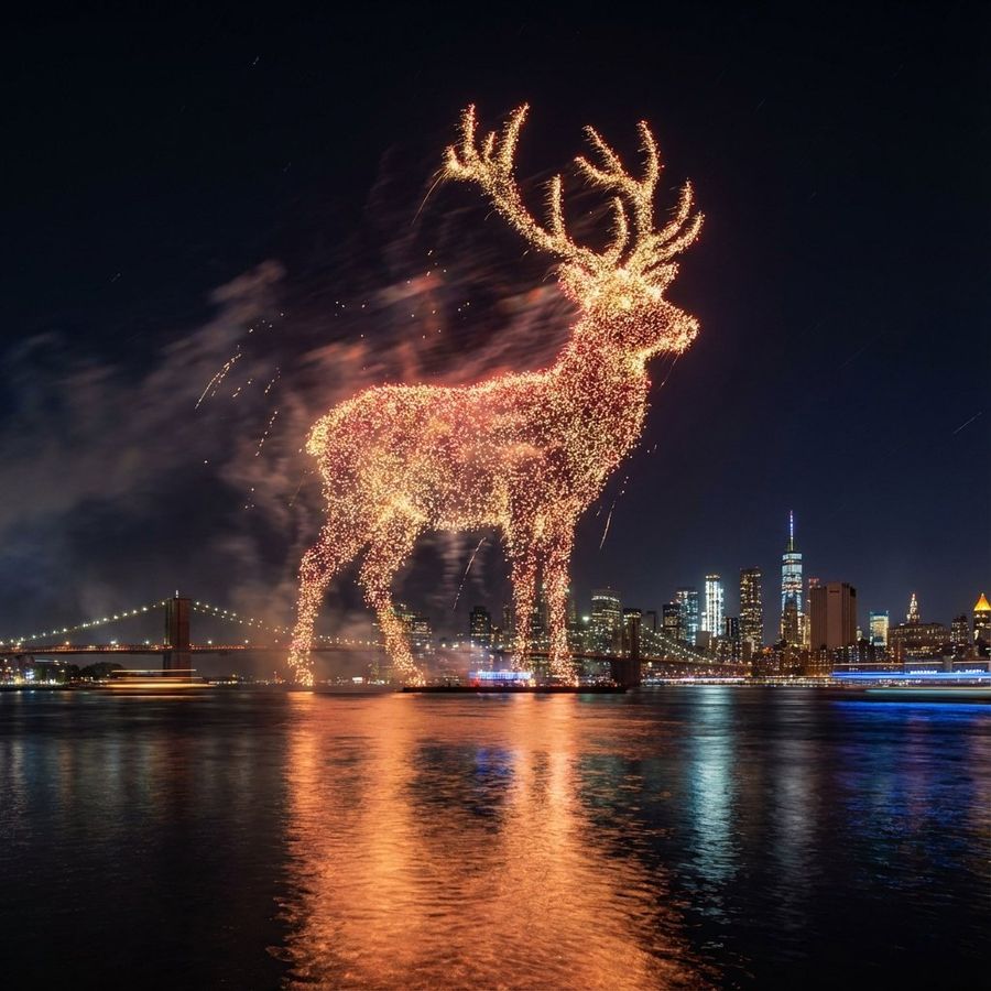 Fireworks Form the Shape of Santa Claus in the Night Sky Above — Nano Banana Pro image prompt example
