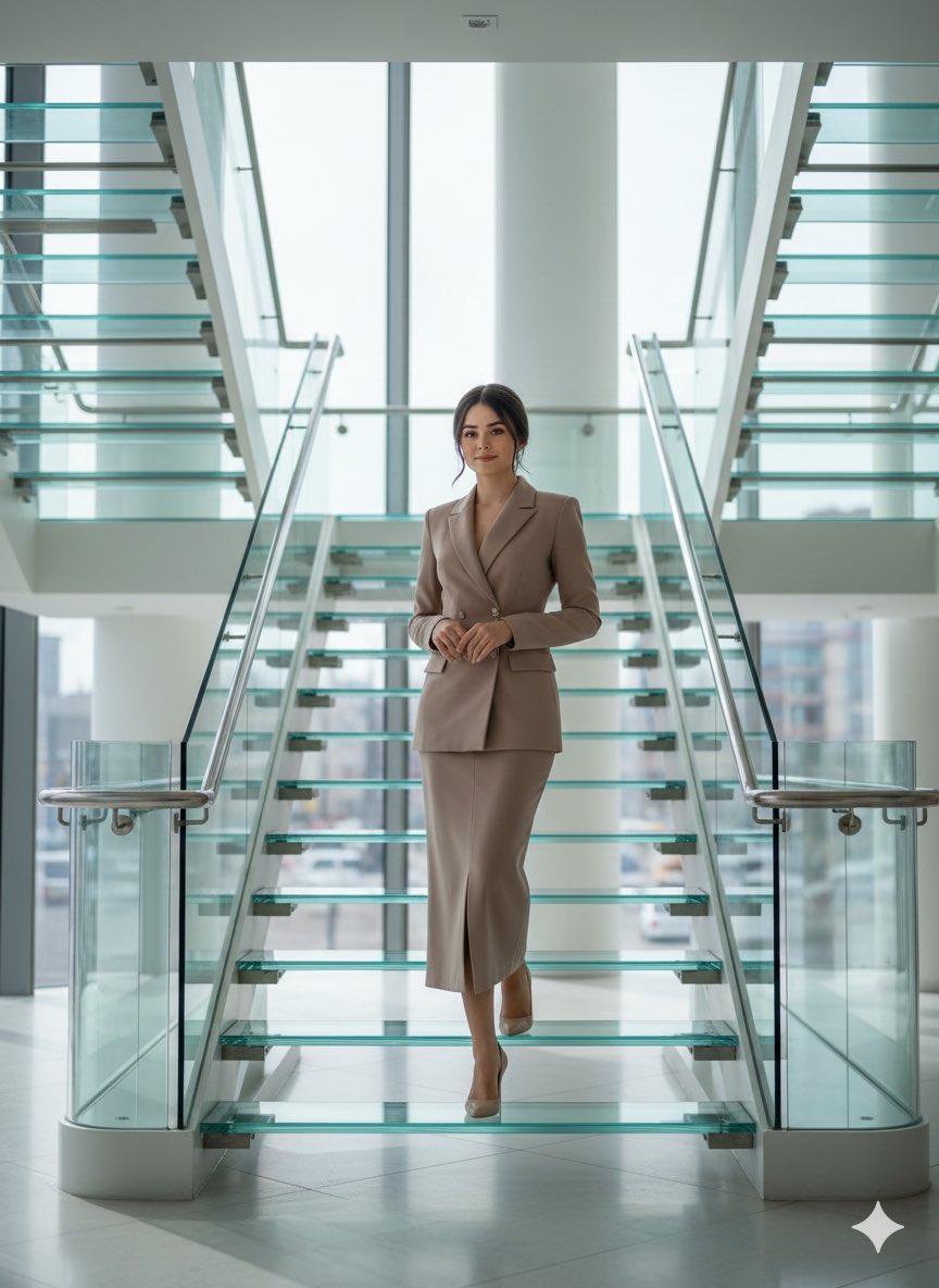 Female Walking Up a Glass Staircase, Elegant Posture — Nano Banana Pro image prompt example