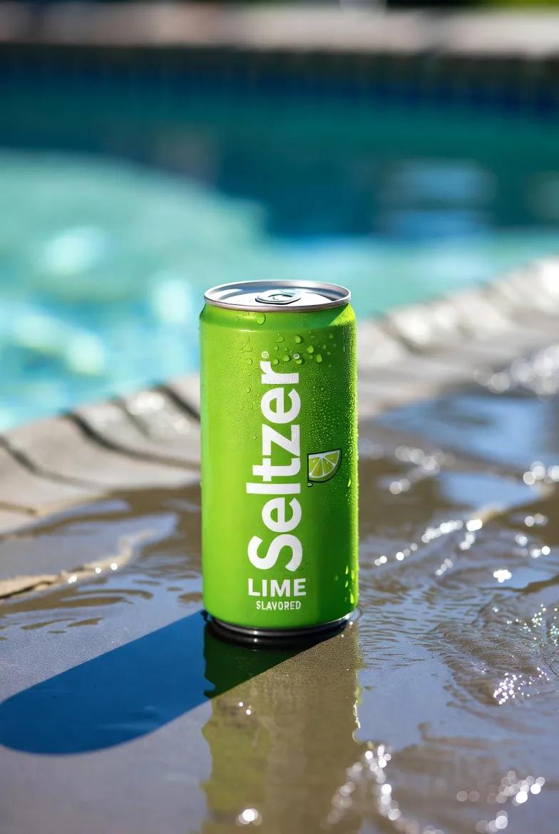 Vibrant, Ice-cold Lime Seltzer Can Balanced on a Wet, Sun-drenched — Nano Banana Pro image prompt example