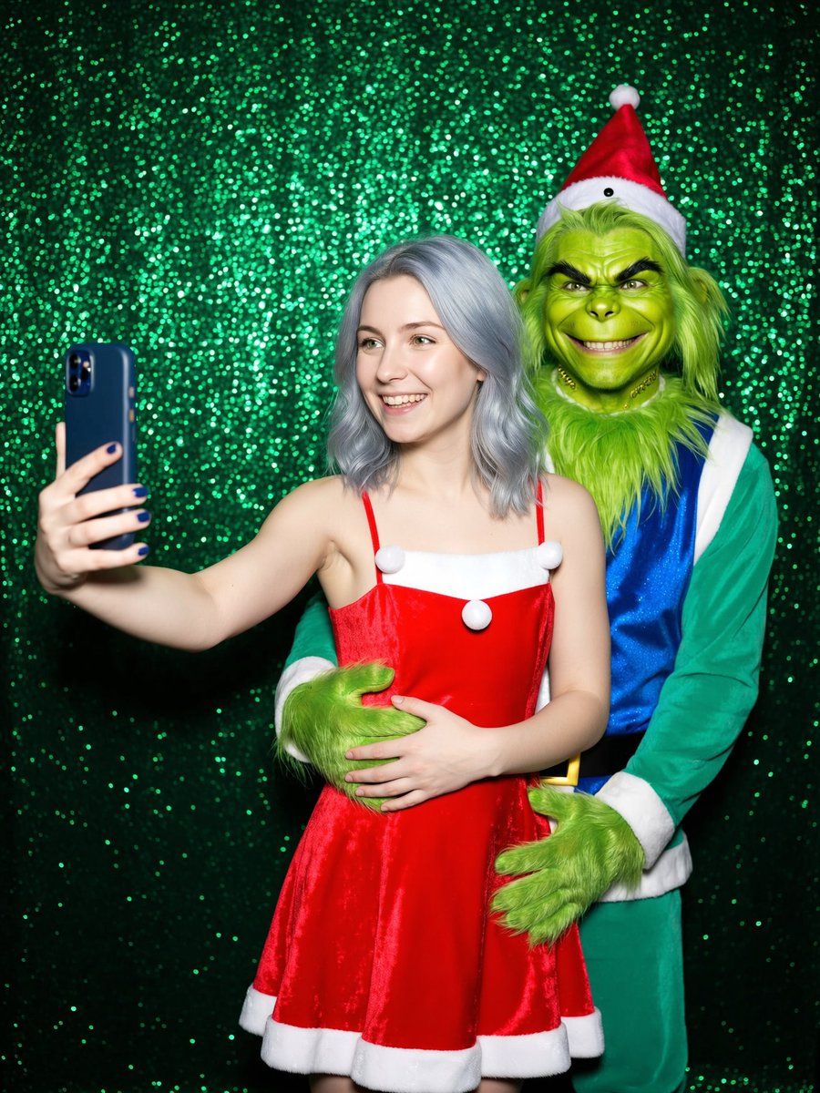 Young Woman Taking Selfie with the Grinch — generated with Nano Banana Pro