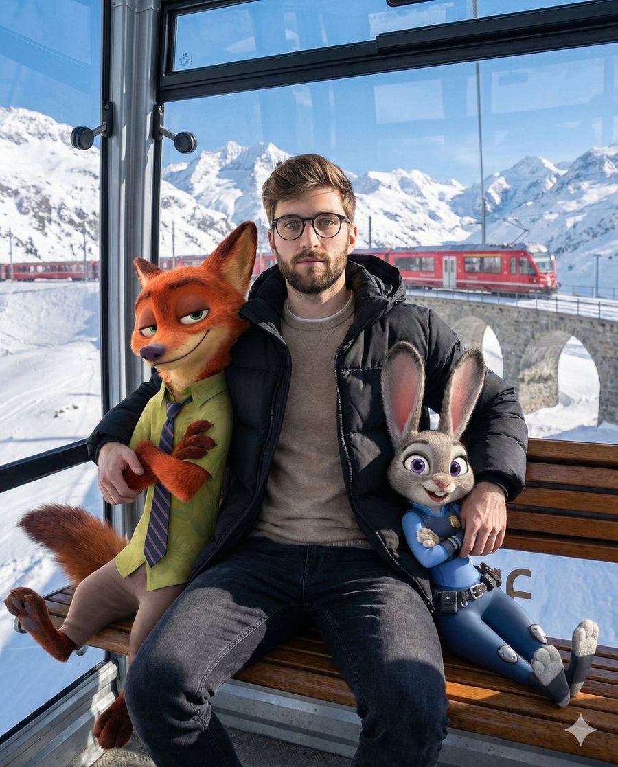 Cozy, Cinematic Winter Scene Inside a Glass Cable Car in the Swiss — Nano Banana Pro image prompt example