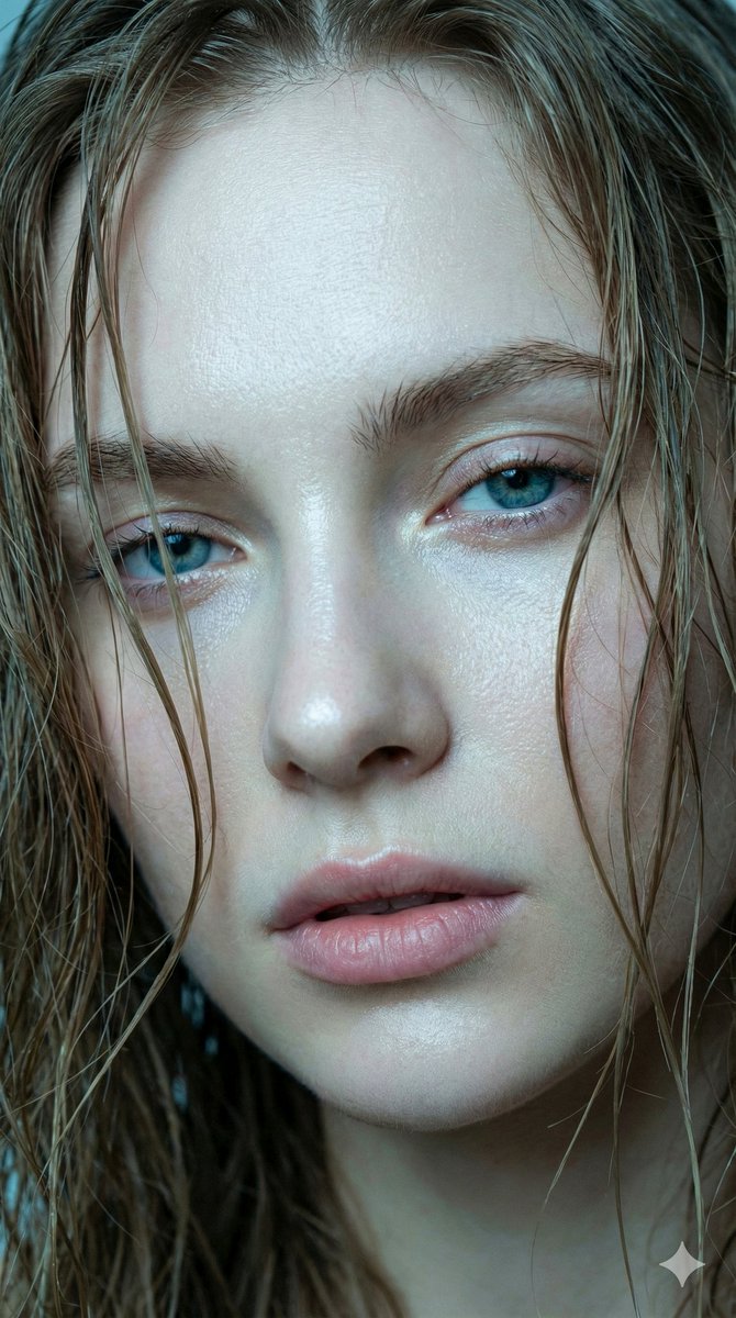 Extreme Close-up Portrait of a Young Woman with Wet Hair and Intense — Nano Banana Pro image prompt example
