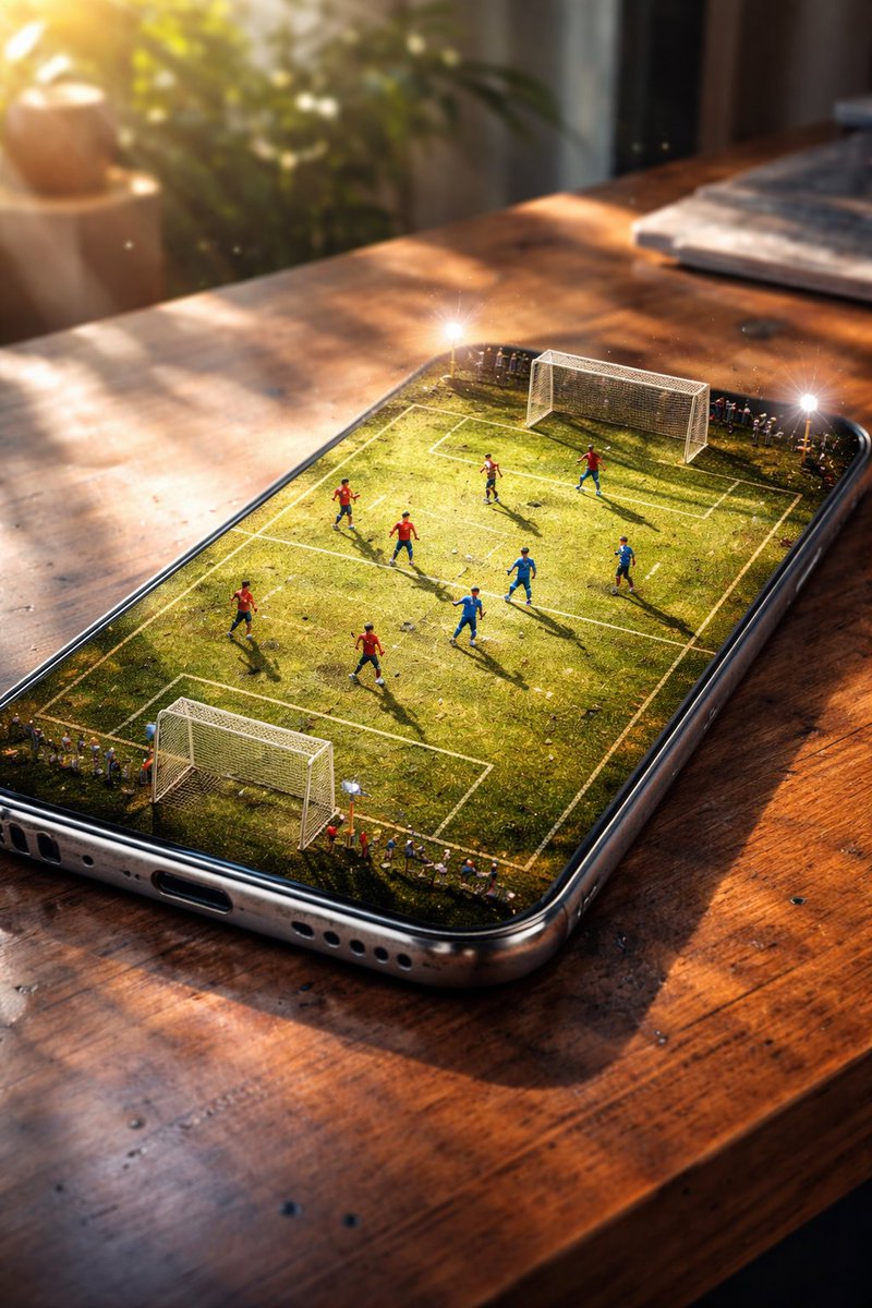 Phone Screen Transformed Into a Miniature Football Stadium — Nano Banana Pro image prompt example