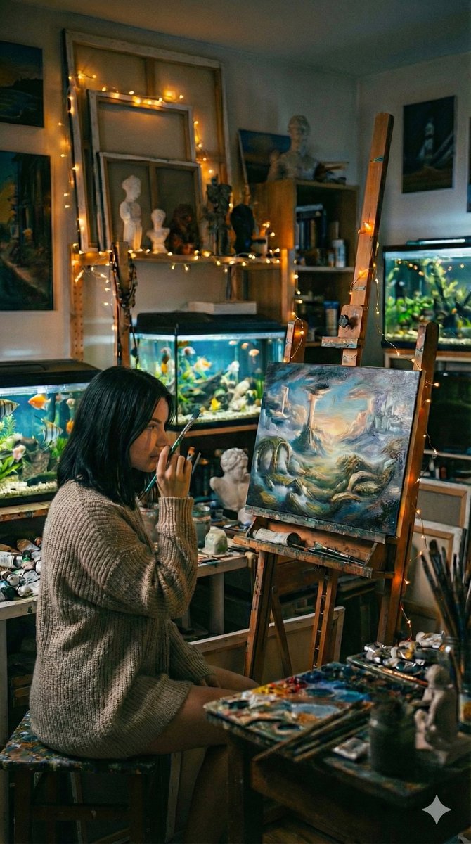 Cozy Artist Studio Filled with Paintings, Sculptures, and Aquariums — Nano Banana Pro image prompt example